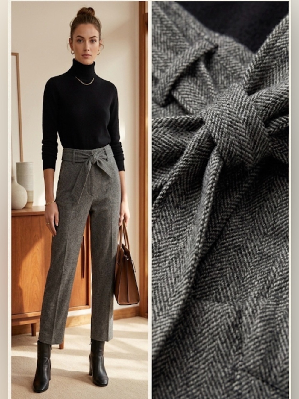 Wilfred Jallade Tie Front High  Rise Wool Trouser Pant
Grey Tweed size 6, office
